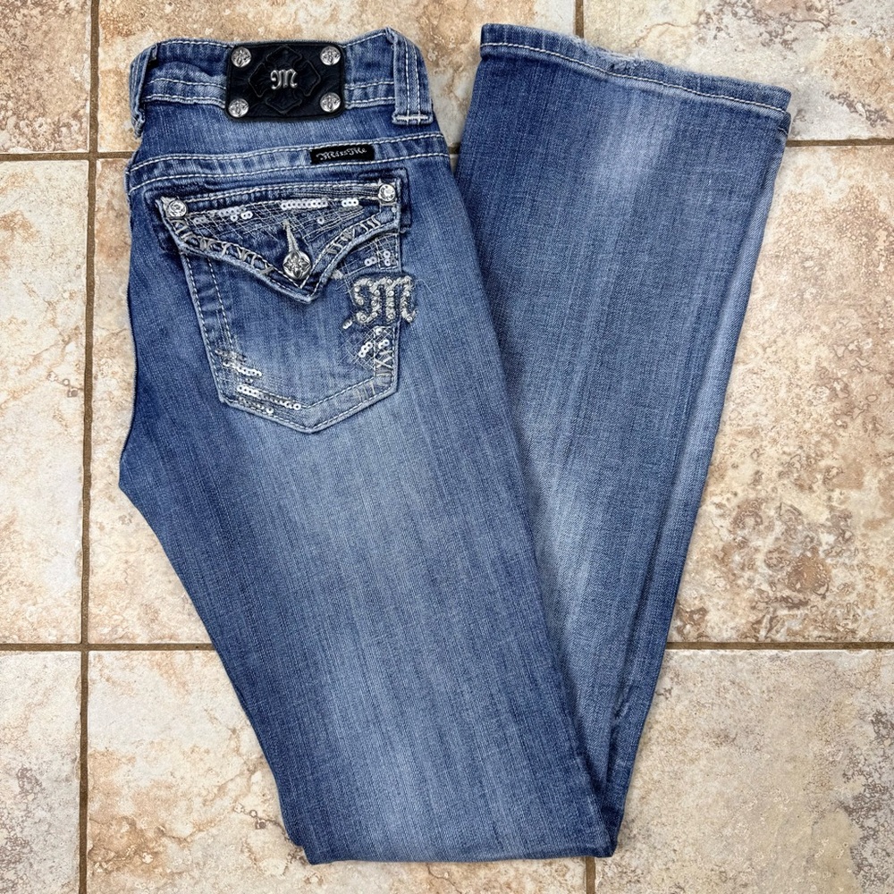 Miss Me Blue Boot Cut Jeans with Silver Accents